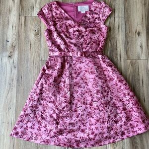 Gal Meets Glam Elle in Rose Vine Floral Satin Belted Fit & Flare Dress - Size 8P